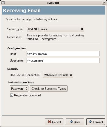 Evolution NNTP server setup screenshot.